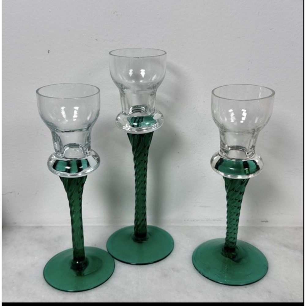 K' Collections green twisted glass stem and clear glass candlesticks Lot Of 3